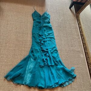Jovani Teal Ruffled Spaghetti-Strap Maxi Gown